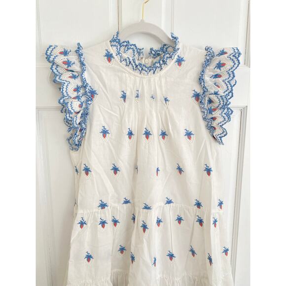 SEA NEW YORK Tuckernuck Cream Renee Embroidery Strawberry Scallop Mini Dress Sm - Picture 8 of 11